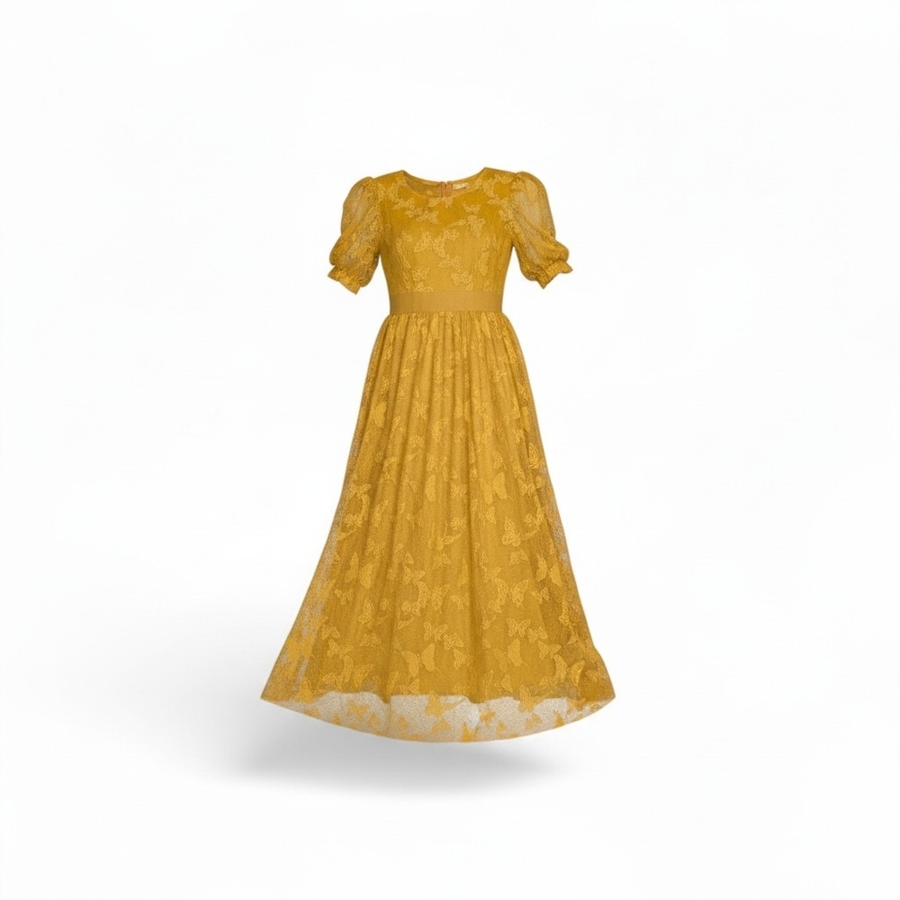 Womens Mustard Yellow Lace Maxi Dress with Puff Sleeves